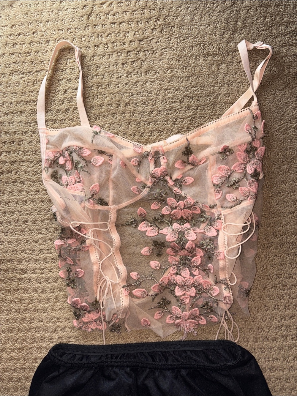 Delicate Pink Floral Embroidered Sheer Tank Top